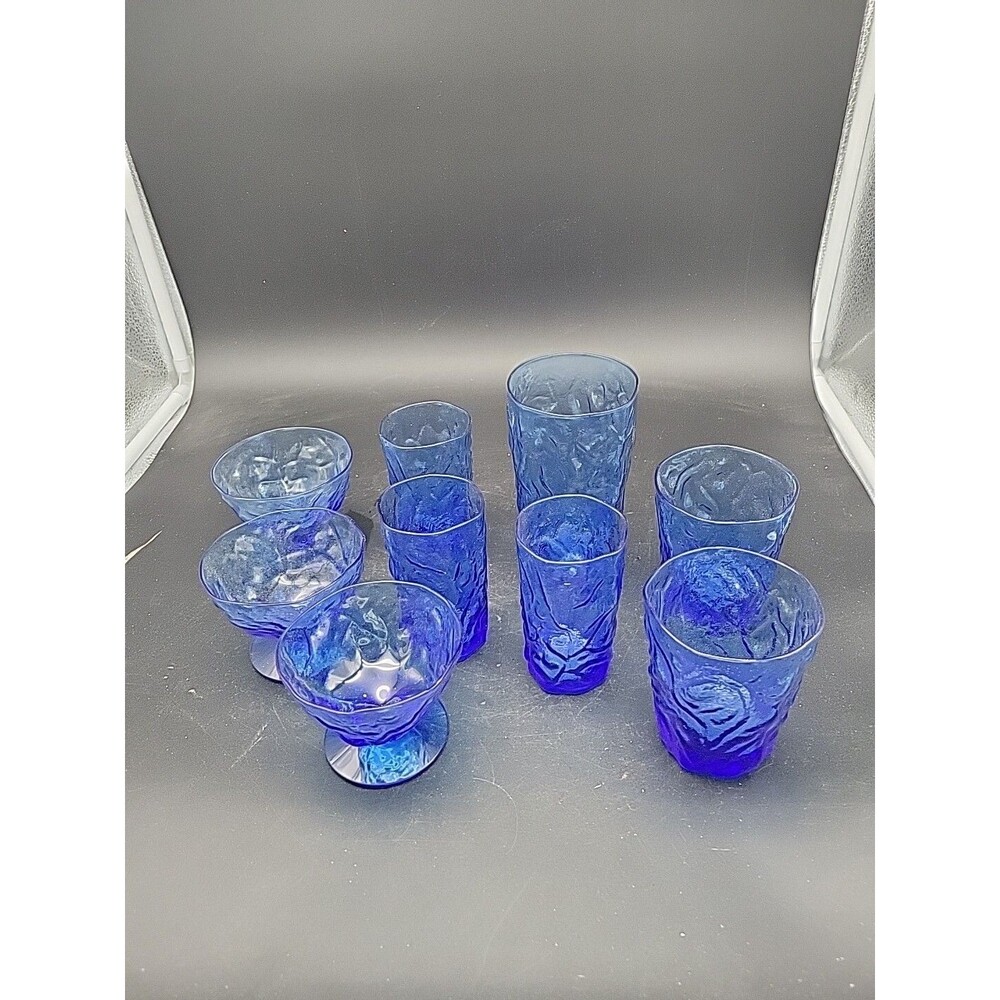 Vintage MCM Lot of 9 SENECA DRIFTWOOD DELPHINE Blue CRINKLE Glasses Bowls
